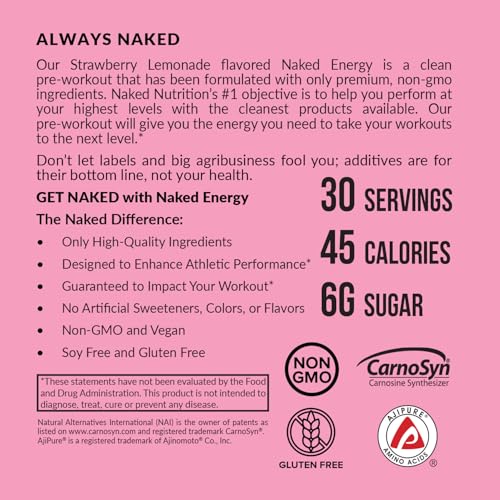 Image of NAKED Strawberry Lemonade Energy - Clean Pre Workout Supplement for Men and Women, NSF Certified, Vegan Friendly, No Added Sweeteners, Colors Or Flavors - 30 Servings