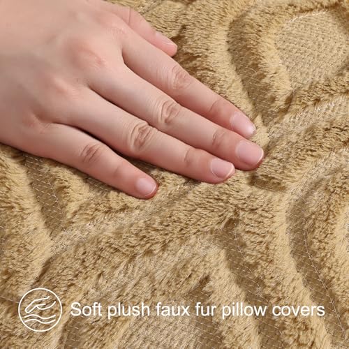 decorUhome Throw Pillow Covers 20x20 Inch Set of 2, Soft Plush Decorative Faux Fur Light Brown Solid Couch Pillow Covers, Accent Farmhouse Neutral Square Euro Pillow Cases for Sofa Bed Living Room