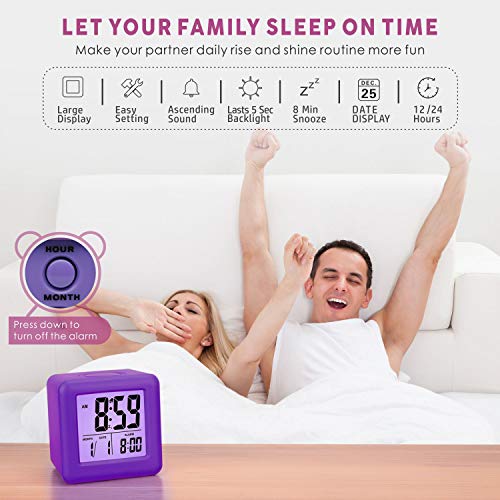 Plumeet Digital Alarm Clock for Kids with Snooze and Nightlight - Easy Setting Silicone Display Time, Date - Loud for Bedroom - Battery Powered (Purple) - Image 2