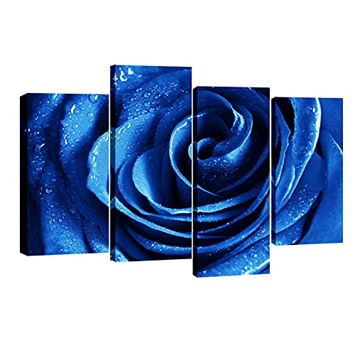 Wieco Art Blue Rose Canvas Prints Wall Art Abstract Romantic Flower Pictures Paintings for Living Room Bedroom Decorations Wall Decor Large 4 Piece Modern Stretched Artwork