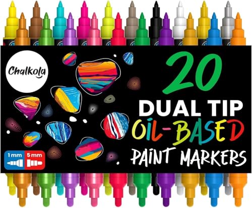 Chalkola 20 Oil Paint Pens - Oil Based Paint Markers for Metal, Fabric, Ceramic, Glass, Rocks - Waterproof & Permanent Markers for Wood, Plastic Surfaces, Steel - 1mm + 5mm Dual Tip