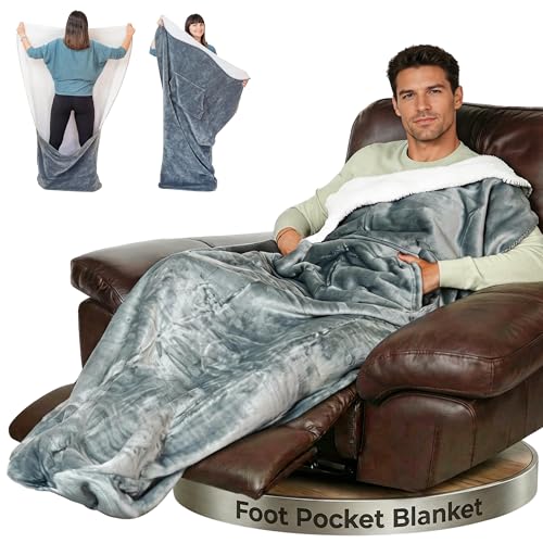 EzrAllora Premium Double Layer Foot Pocket Blanket -Patent Pending- Gamer Gift for Men Who Have Everything - Useful Gifts for Men Who Wants Nothing (Double Layer Silver Grey)