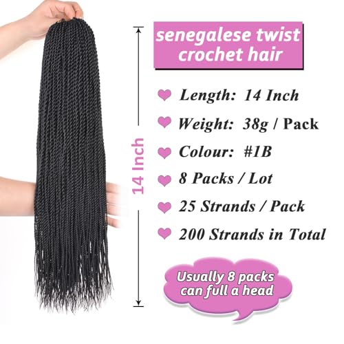 Samtress 14 Inch 8 Paks Senegalese Twist Crochet Hair Black Prelooped Crochet Hair Synthetic for Women Hot Water Setting Crochet Twist Braids Hair 25 strands/pack (#1B) - Image 2