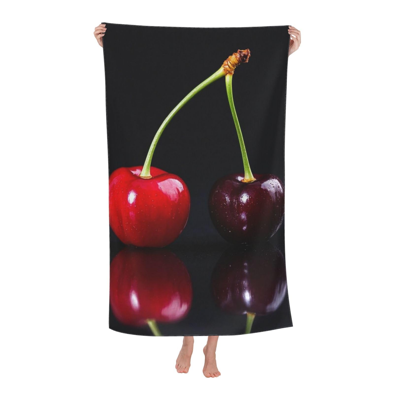 FodPand Red Cherry Black Beach Towel Oversized 52 x 32 in Sand Free Pool Swim Towels for Adult Travel Blanket Lightweight Quick Dry Absorbent Bath Towels Cruise Vacation Accessories