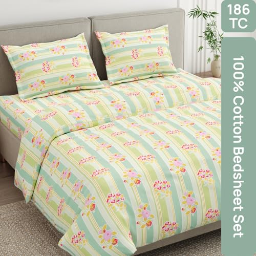 Image of haus & kinder Double Bedsheet for Queen Size Bed | 90 x 100 Inches 186 TC Cotton Bedsheet for Double Bed with 2 Pillow Covers - Golden Hour Garden