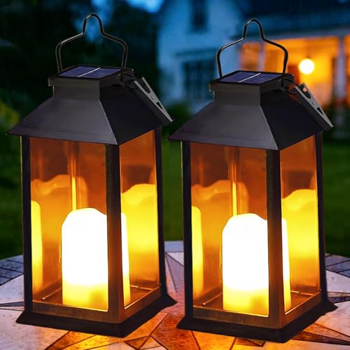Yowin Solarlaterne für Außen 2 Stück Solarlampen Garten mit Flammeneffekte Kerze, Hängend Solar Laternen Wetterfest Solar Tischlampe Outdoor, Solarleuchten für Terrasse Balkon Pavillon Deko - Schwarz