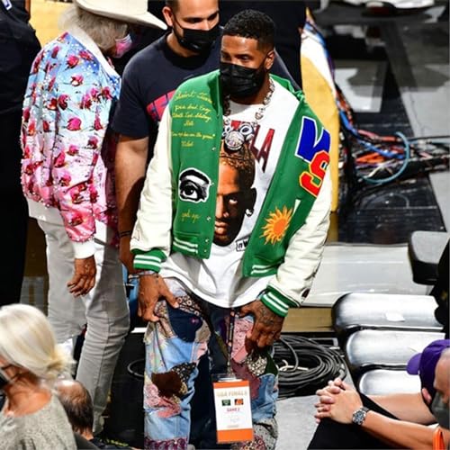 Image of Men's Graphic Print Varsity Jacket Super star Vintage Padded Thickening Jesus Fleece ParquetBaseball Jacket Coat