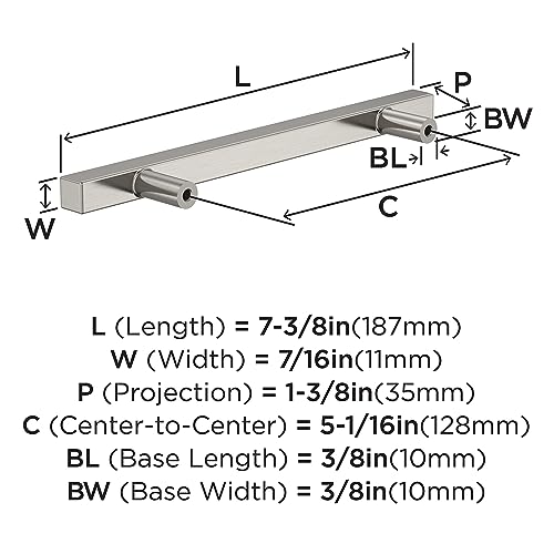 Image of Amerock 10 Pack 5-1 /16 inch Bar Pulls Square Satin Nickel Drawer Pull | 5-1 /16 inch (128mm) Center-to-Center Mounting Distance and 7-3 /8 inches Overall Length, Durable Zinc Cabinet Hardware