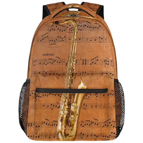 Backpack for Women Men, Saxophone Casual Backpacks, Waterproof Lightweight Musical Notes Daypack Bags for Travel Camping Work