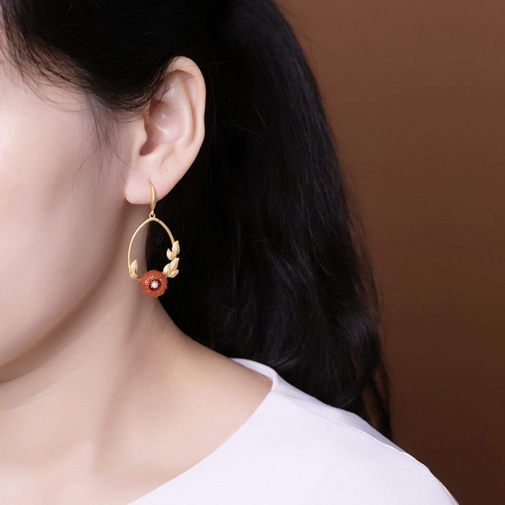 Vintage Aretes Largos S925 Mujeres Plata Chapada En Oro De Ágata Natural Lotus Encanto Elegante De Estilo Chino De Gama Alta De Temperamento Temperamento Don