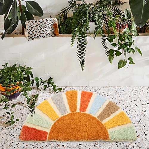 Dyefury SUNBATHRUG01 Sunrise Boho Bathroom Rugs,Half Circle Bath Mat Cute,Sun Bath Mats,Retro Bohemian Home Bathroom Decor,Small Colorful Fun Semi Round Shower Rug Non-Slip,Funny Washable Rug Bedroom 31 Inchx16 Inch thumb #2