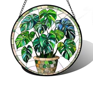 Stained Glass Window Hanging, Green Plant Monstera t Suncatcher Diamond Colorful Glass Panel Sun Catchers Decor for Birthday for Women, Men, Wife, Aunt, and Mom 6.3 in