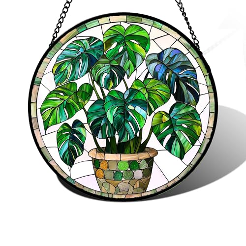 Stained Glass Window Hanging, Green Plant Monstera t Suncatcher Diamond Colorful Glass Panel Sun Catchers Decor for Birthday for Women, Men, Wife, Aunt, and Mom 6.3 in