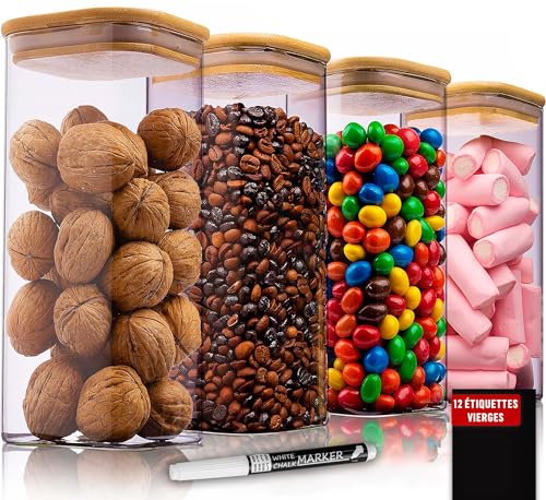 Deco haus® Bocaux en Verre Hermétique Lot de 4 [+ÉTIQUETTES] - Bocal en Verre avec Couvercle 4x1600ml - Bocal Rangement Cuisine - Bocaux de Conservation - Boite Anti...