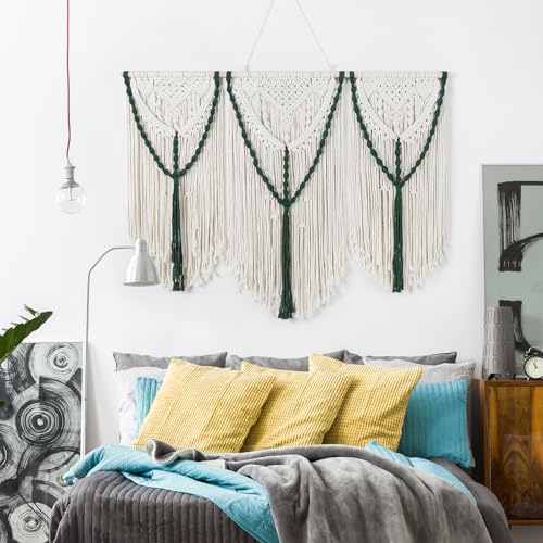 HOLAVIDA Gran Tapiz de Macramé Hecho a Mano con Borlas Estilo Boho, Decoración de Pared Tejida en Estilo Nórdico para Dormitorio, Sala de Estar, Galería (110cm×77cm)