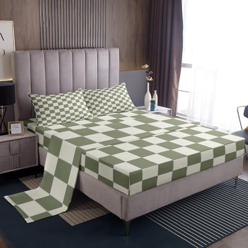 Image of Erosebridal Plaid Bed Sheets Twin Beige Sage Green Checkerboard Bedding Geometric Checkered Sheet Set for Kids Boys Girls, Aesthetic Grid 1 Fitted Sheet 1 Flat Sheet 1 Pillow Case