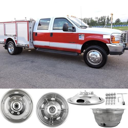 Image of 19.5 inch Polished Stainless Steel Dually Wheel Simulators fit for Ford 1999-2004 F450 /F550 Truck, 4pcs Nice Looking and Durable Bolt On Wheel Cover,8 Lug Hubcaps with Installation Tool Kit
