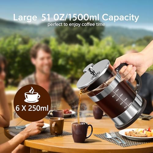 QUQIYSO French Press Coffee Maker 51oz 304 Stainless Steel French Press with 4 Filter, Heat Resistant Durable, Easy to Clean, Borosilicate Glass Coffee Press, Sliver