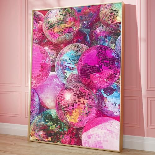 Pink Disco Ball Wall Art Canvas Trendy Funky Wall Prints Aesthetic Funky Disco Posters Vintage Fashion Pictures Disco Ball Painting Pink Preppy Artwork Colorful Disco Ball Canvas 16x24inch No Frame