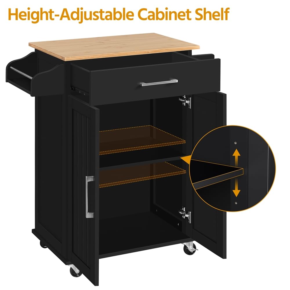 Yaheetech Carrello da Cucina con Ruote Cassetto a 2 Ante Piano di Lavoro Carrellino Salvaspazio con Portasciugamani e Portaspezie Moderno Porta Microonde 91,5 x 66 x 45,5 cm Nero