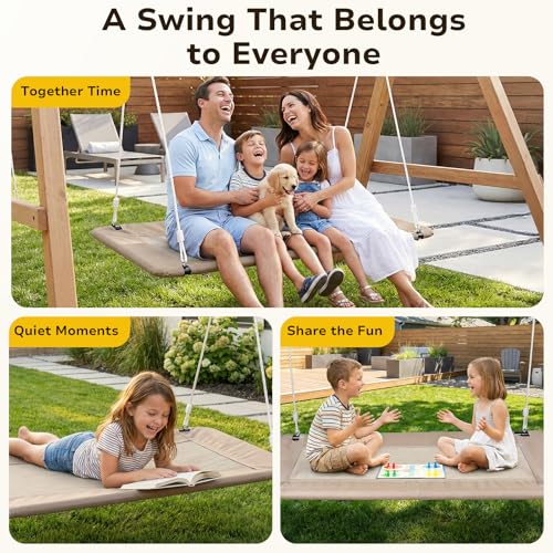 Image of Trekassy 60 inch Extra Large Rectangle Tree Swing - Heavy Duty 700lb Capacity, Waterproof Platform for Kids & Adults with Complete Installation Kit & 2 Tree Straps (Beige)