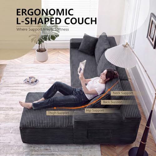 Image of 94.5 inch L Shaped Boneless Sectional Corduroy Couches for Living Room (Black)