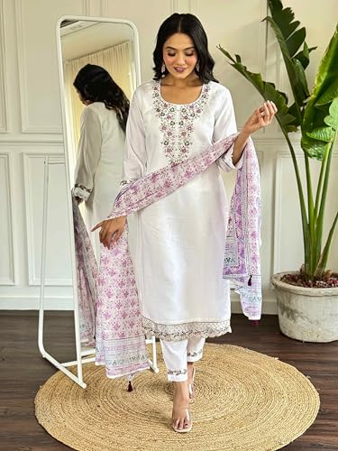 Image of Shiv Textiles Women's Chanderi Silk Embroidered Kurta Pant Dupatta Set(JDA-FALGUNI-WHITE-2XL)