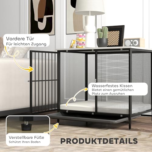 PawHut Hundekäfig für Zuhause, Abschließbar Hundehütte mit Kissen, Hundebox mit Paletten, Hundehaus für mittelgroße Hunde unter 20 kg, Grau, 88 x 55 x 71 cm