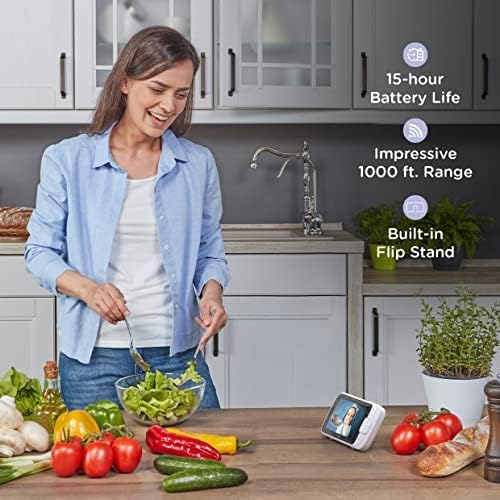 A baby lying in a crib, with text overlays highlighting features like Room Temperature Monitoring, Two-Way Talk, Soothing Sounds & Lullabies, Infrared Night Vision, and Ultra Long Range Parent Unit.