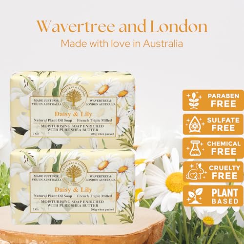 Image of Wavertree & London Daisy & Lily Scented Natural Soap (2 Bars), 7oz Moisturizing French Triple Milled Soap Bars enriched with shea butter - Pure Plant Based Bath & Body Bars for All Skin Types