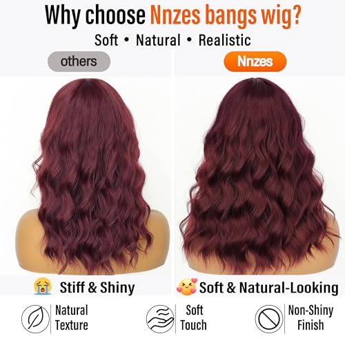 Image of Nnzes Bob Curly Wig Synthetic Short Wine Red Wig with Bangs Natural Looking Heat Resistant Fiber Hair for Women
