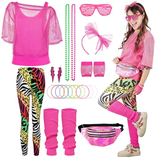 80er Jahre Outfit Damen Hose Set- Retro Trainingsanzug 90er Kostüm Off Shoulder Neon Netzshirt Sexy Fasching Netzoberteil Accessoire T-Shirt,...