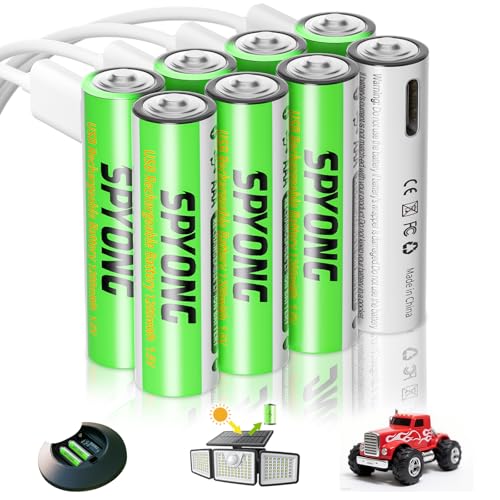 SPYONG Rechargeable AAA Batteries Lithium 8 Pack 1200 mWh Lithium Ion 1.5V Includes 4-in-1 USB-C 1500 Charge Cycles LED Charge Indicator 40-Min Full Charge