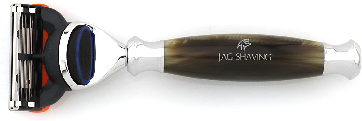 Jag Shaving Rasierset – 3-teiliges Rasierset – Jag's Lee Range – Silberspitz Dachshaar Rasierpinsel – 5 Rasierklingen Rasierhobel – Rasierständer – Grüne Hornimitation