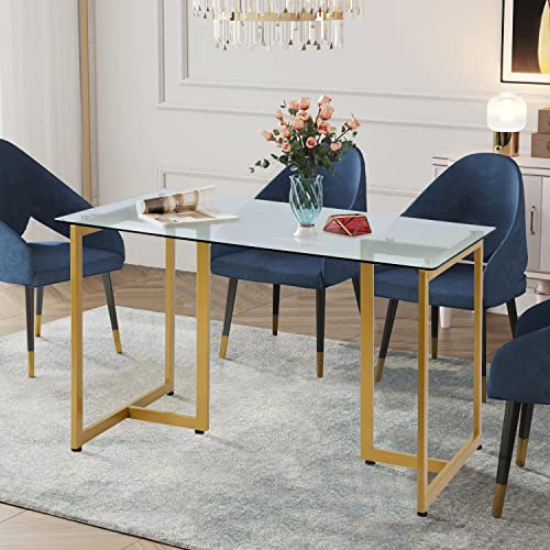Furniturer 55" Modern Rectangular Dining Table With Spacious Tempered Glass Tabletop & Gold Base Elegant For Home Kitchen Restaurant, Gold #TOP4