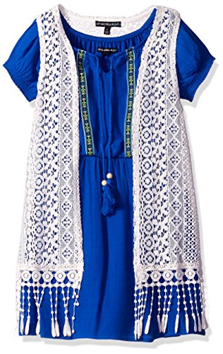 My Michelle Girls' Big Short Sleeve Peasant Dress with Crochet Vest with Fringe