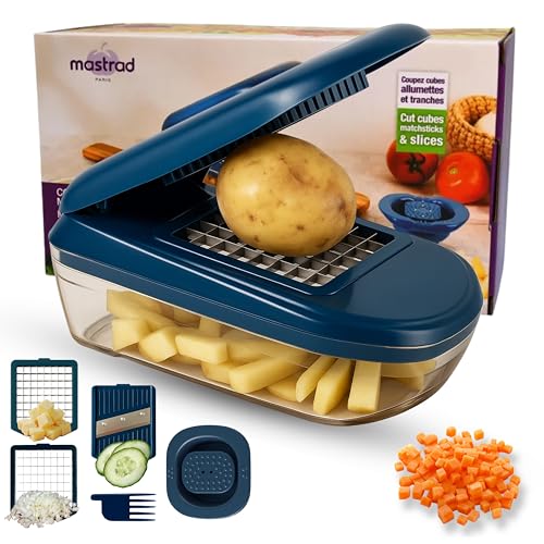 MASTRAD - Coupe Légumes Avec Réservoir - 3 Grilles - Peigne de Nettoyage - Facile D’utilisation – Confort & Sécurité – Coloris Bleu