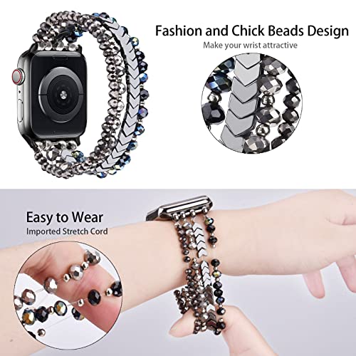 Image of MOFREE Beaded Bracelet Compatible with Apple Watch Band 42mm /44mm /45mm /49mm /46mm Series 11 /10 /9 /8 /7 /SE /6 /5 /4 /3 /2 /1 /Ultra Women Fashion Handmade Elastic Stretch Strap for iWatch Bands Blue /Dark Grey