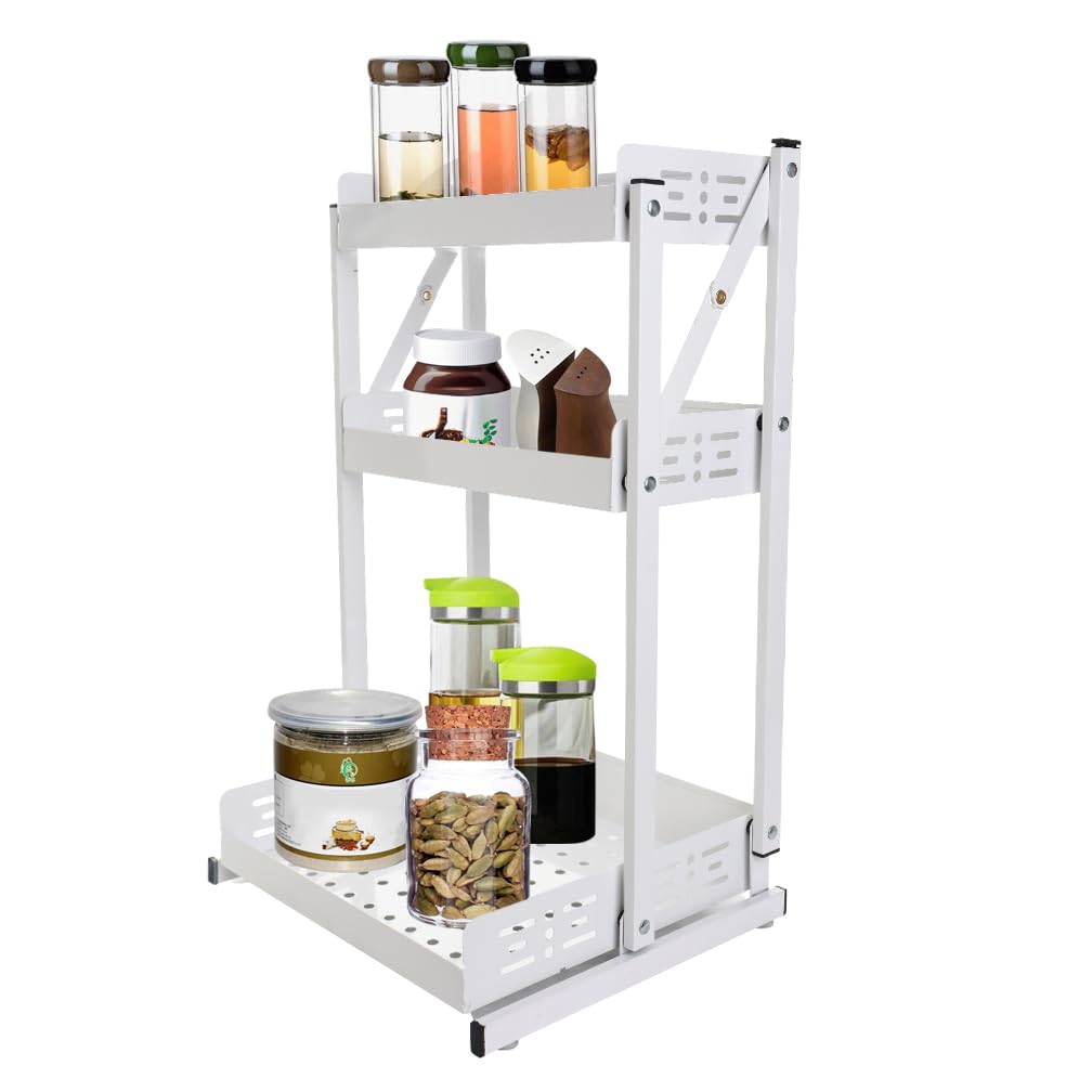 Hershii Folding Spice Rack Organizer 3-Tier Collapsible Kitchen Countertop Metal Storage Shelf Standing Holder for Bathroom Vanity, Under Sink, Inside Cabinet, Living Room - White