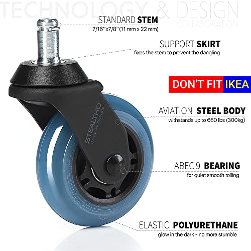 Stealtho Patented Replacement Office Chair Caster Wheels Set Of 5 - Protect Your Floor - Quick & Quiet Rolling Over Cables - No More Chair Mat Needed - Blue Polyurethane - Standard Stem 7/16 Inch #TOP1