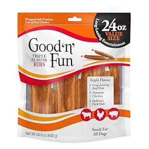 Good ‘n’ Fun Triple Flavor Ribs Chews for All Dogs, Treat Your Dog to Long-Lasting Chews Made with Beef Hide, Chicken and Pork Hide, 24 Ounces