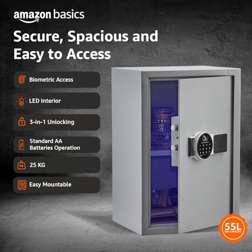Image of Amazon Basics 55 Liters Fingerprint Safes for Home & Office - Fingerprint Lock 3-in-1 | locker safe with Motorized Door Locking Mechanism | Size : 55 H x 35 W x 36 D(cm) | Grey | Weight: 25 Kgs