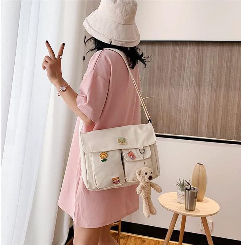 Canvas Crossbody Bag Messenger Cute Bag with Pins and Pendant for Women Girls Casual Shoulder Aesthetic School bag - Image 2