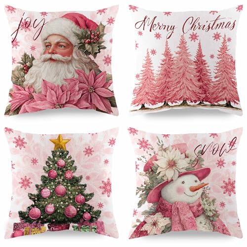 PUYTG Christmas Pillow Covers Santa Snowman Decorative Throw Pillow Cover 45x45cm Outdoor Soft Cushion Cases for Sofa Couch Home Decorative Set of 4