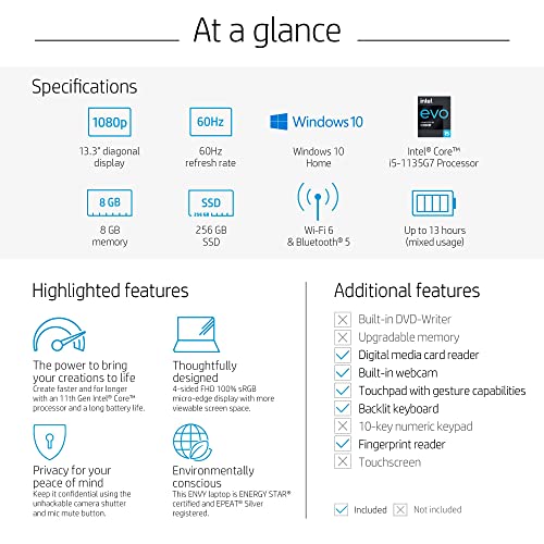 2022 Newest Hp Envy 13.3'' Fhd Laptop Computer For Business & Student, Intel 11Th Gen Core I5-1135G7 Up To 4.2Ghz, 8Gb Ram, 512Gb Pcle Ssd, Fingerprint Reader, Backlit Keyboard, Win 10, Silver #TOP7