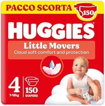 Huggies Little Movers, Pannolini Taglia 4 (7-18 Kg), Ultra assorbente, Design Disney, Pacco Scorta, 150 Pz