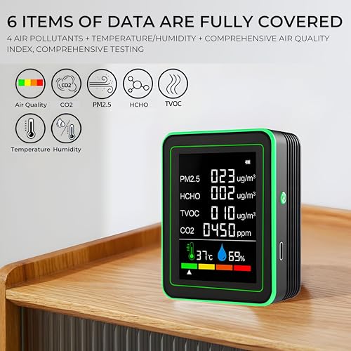 Image of DeWire Portable Air Quality Monitor with 2.8 inch HD Display - Indoor CO2, PM2.5, HCHO, TVOC Detector with Temperature & Humidity Sensors, USB Rechargeable Batteryand Color - Coded Alert
