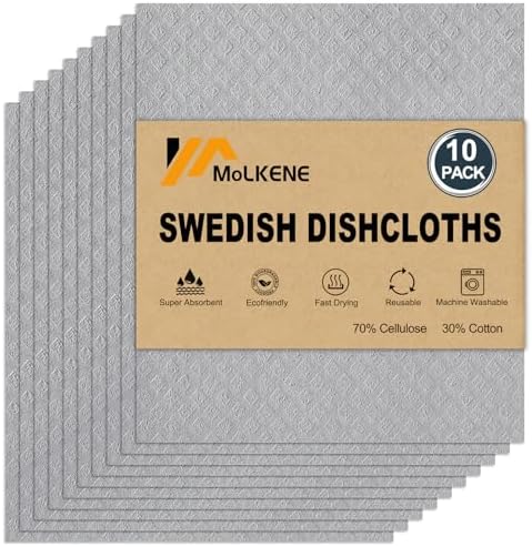 Swedish Dishcloths for Kitchen | 10 Pack Absorbent Cellulose Sponge Cloths Washable | Non-Scratch Reusable Paper Towels Quick Drying Cleaning Rag - Grey
