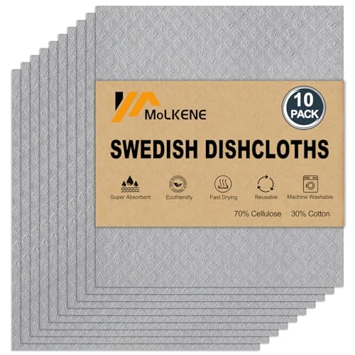 MoLKENE Swedish Dishcloths for Kitchen | 10 Pack Absorbent Cellulose Sponge Cloths Washable | Non-Scratch Reusable Paper Towels Quick Drying Cleaning Rag - Grey