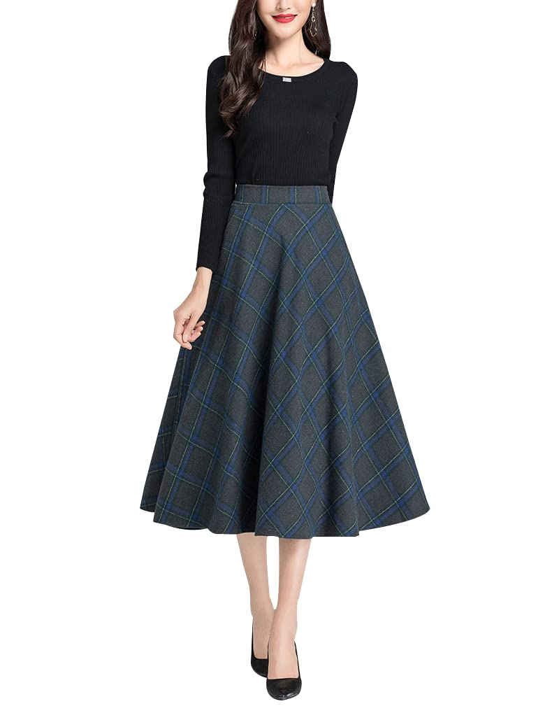 Artykey Jupe Longue Femme Hiver Élégant Carreaux Laine Midi Skirts Automne A-Ligne Taille Haute Plissée Jupe avec Poches